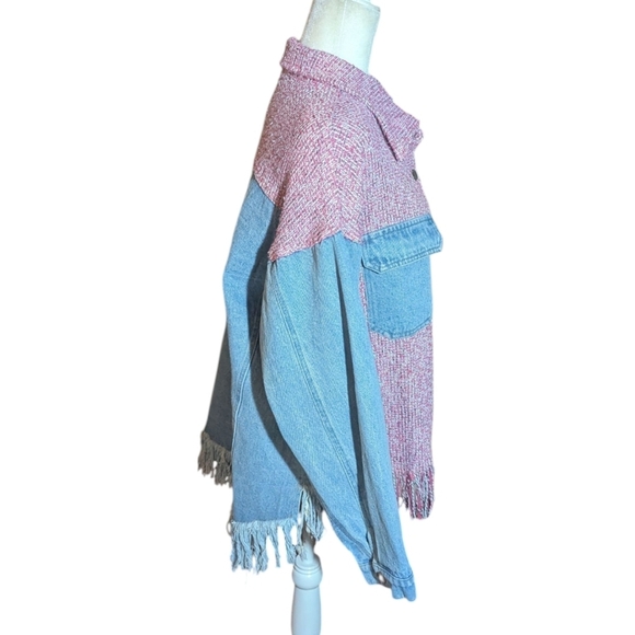 Umgee Tweed Jacket Pink/ Blue Denim Fringe Hem Cotton Hippie Festival Sz M - Picture 6 of 11